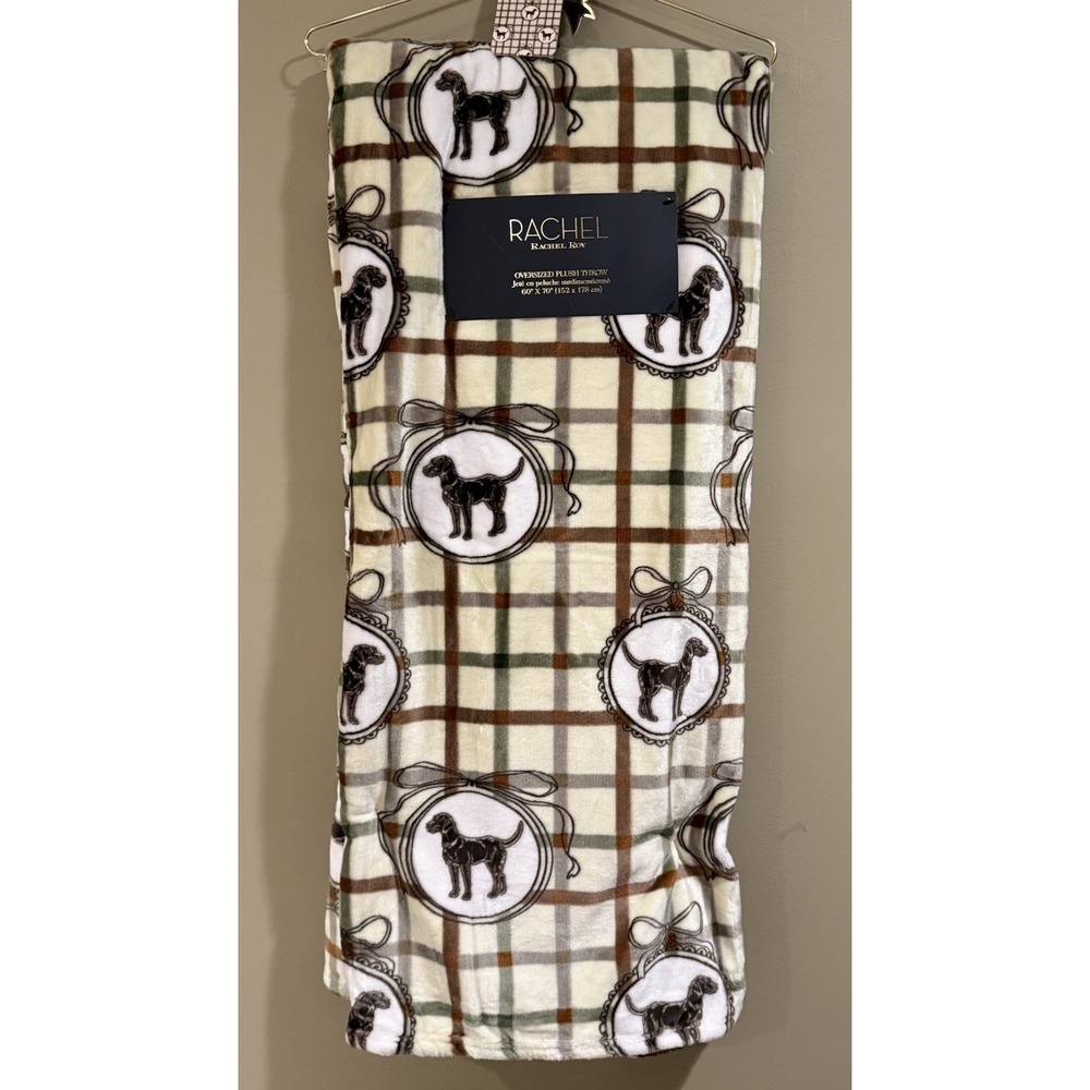 Rachel Roy Plaid Dog Fall Themed Throw Blanket  Soft 60X70" NEW Oversized